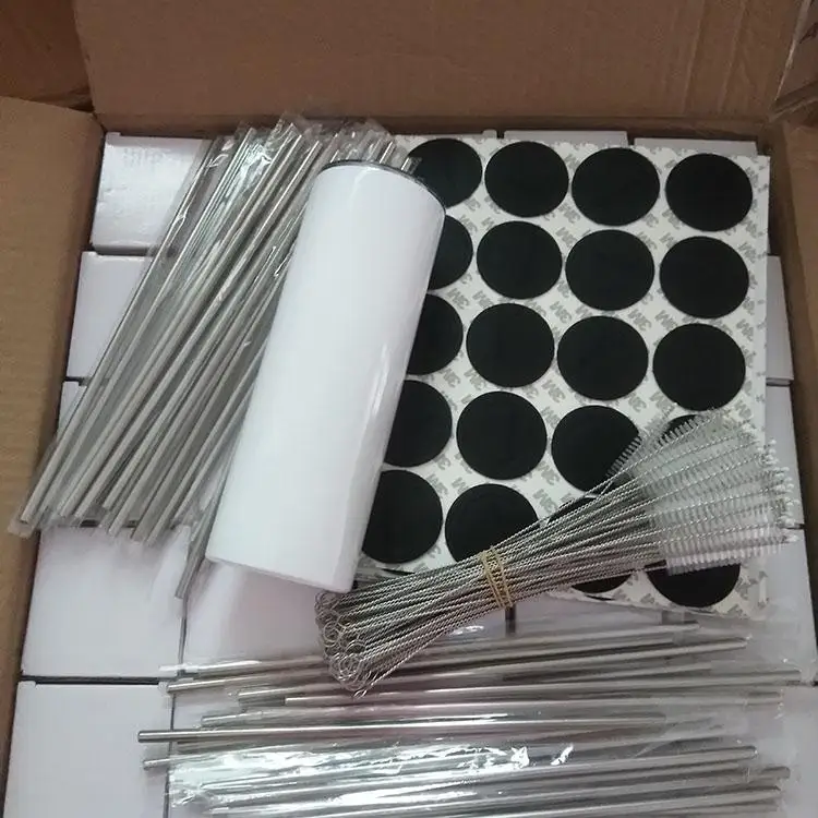 USA DDP best seller Straight 20oz sublimation blanks skinny tumbler with Metal Straw Brush and Rubber Bottom