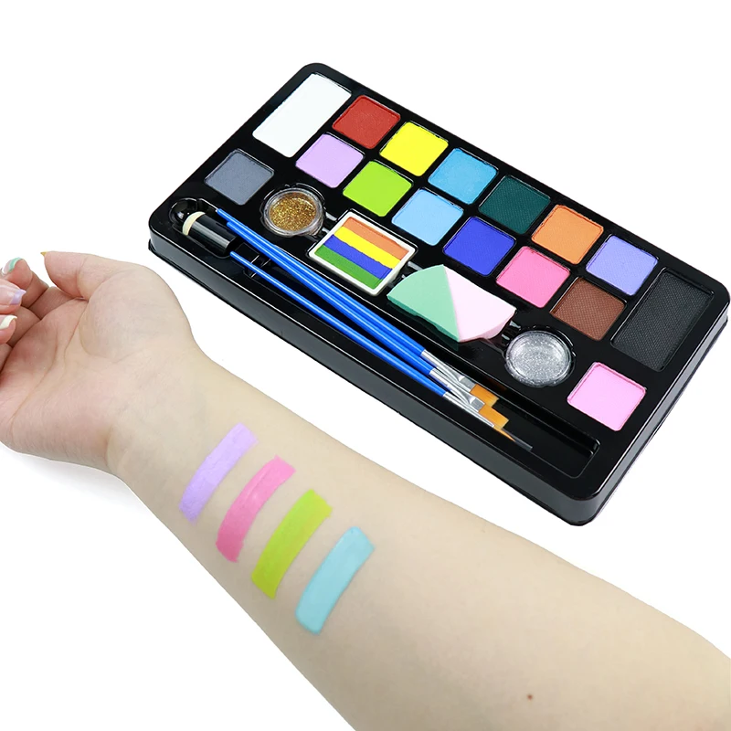 GP Professional 16 colors water based vegan split rainbow Face Body Paint kit with Glitter Stencils for kids Face Painting