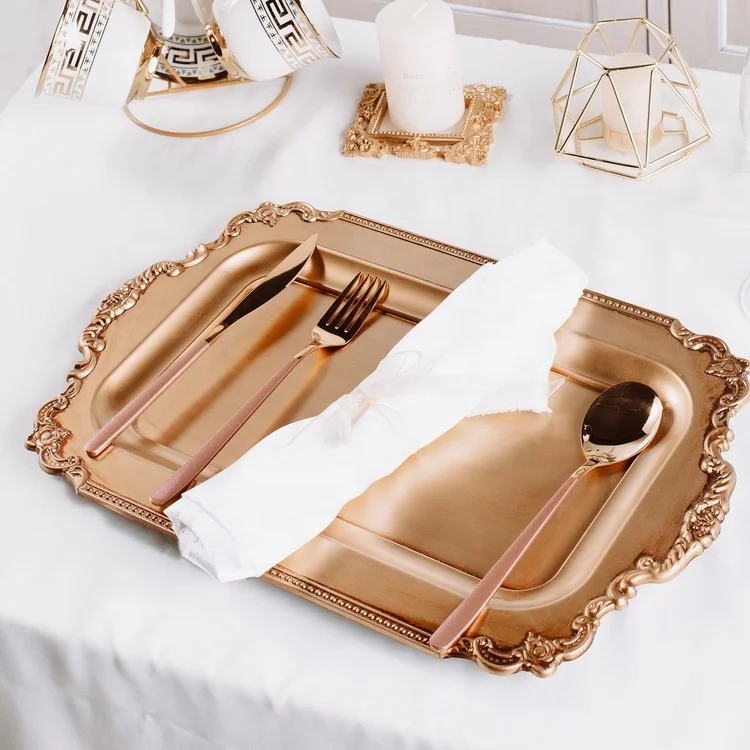 Hot Selling Wholesale Luxury Golden Rectangular Tray Silver Plastic Serving Tray Gold Decorative Serving Trays