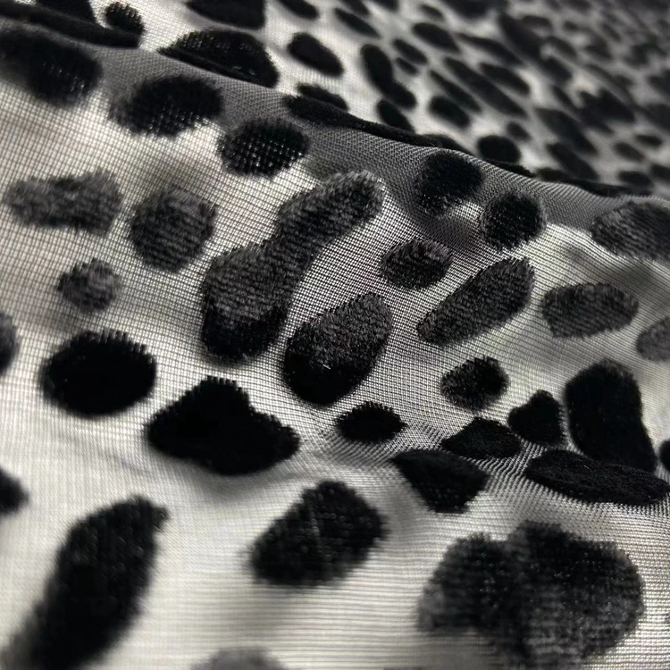 See through burn out 80% rayon 20%nylon knitted black leopard pattern velvet mesh burnout fabric