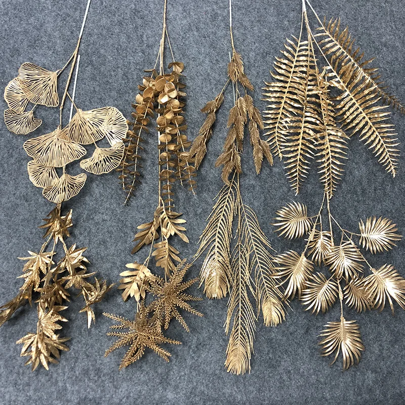 Wedding Home Decor Plastic Golden Palm Orchid Eucalyptus Hanging Flowers Plant Leaves Artificial Gold Leaf