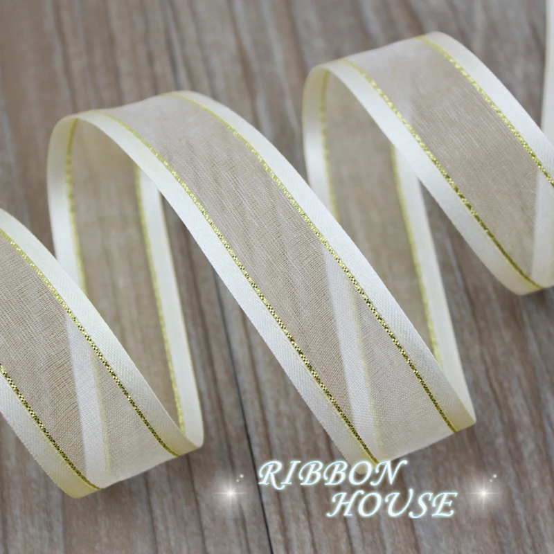 (10Yards/lot)  25mm White broadside gold edge organza ribbon wholesale gift wrapping decoration ribbons lace fabric wholesale