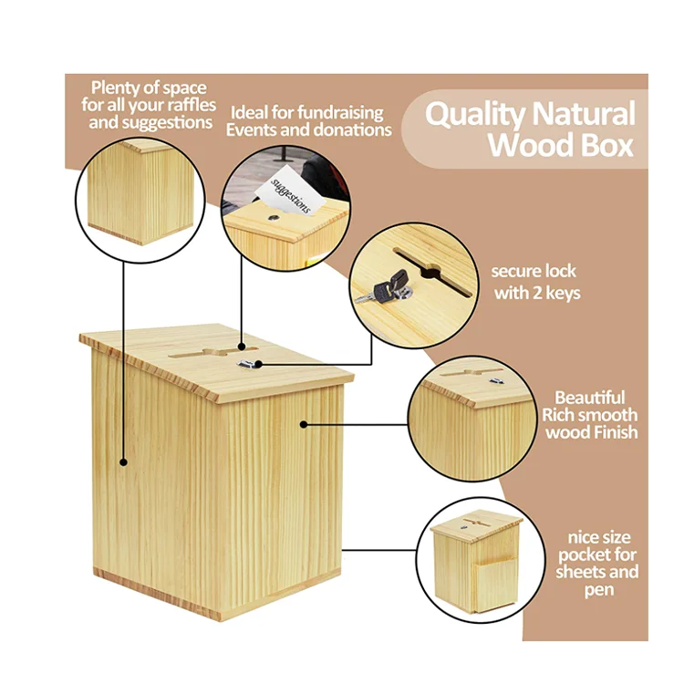 
High Quality Society Welfare Fundraising With Lock Countertop Solid Wood Donation Box 