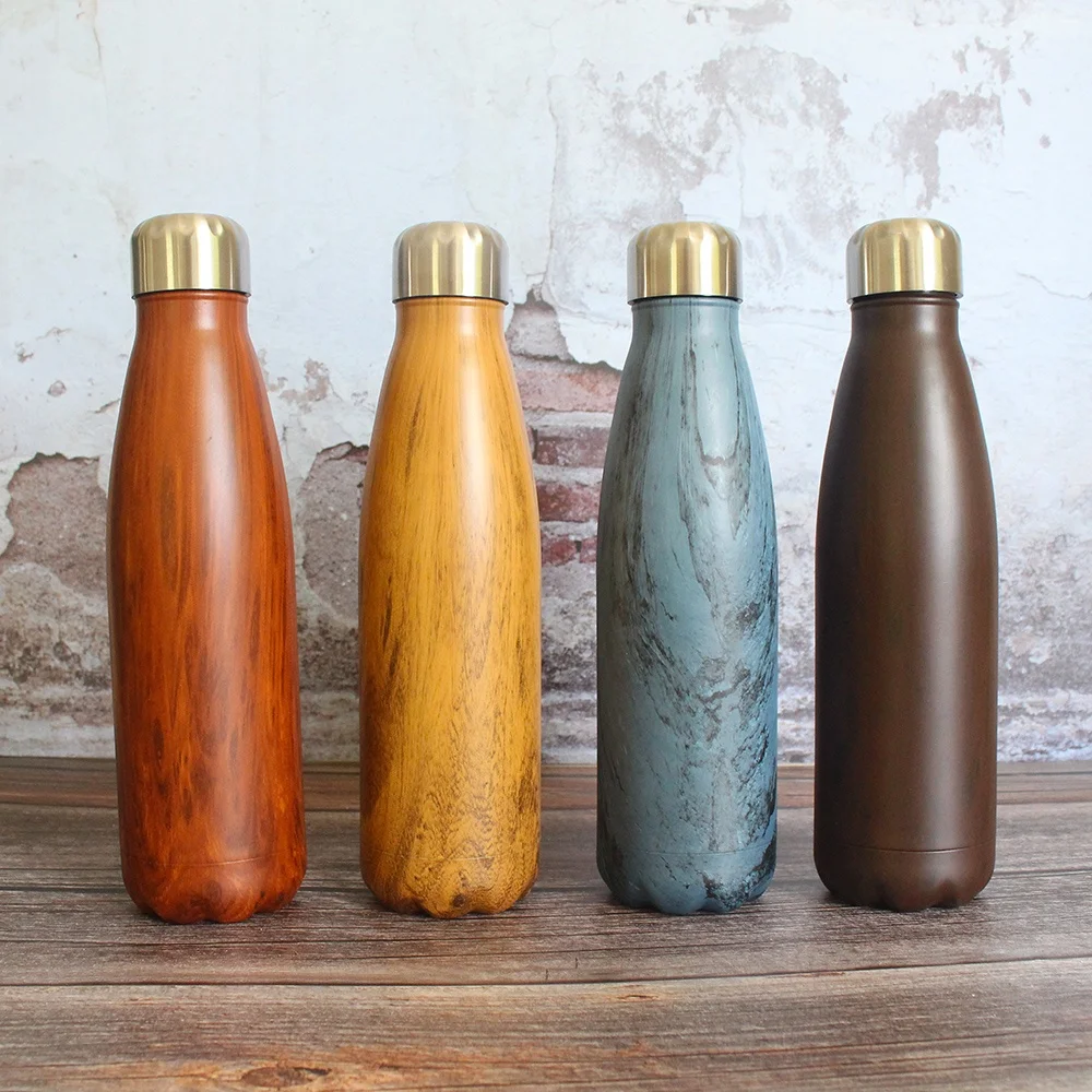 
Reusable Wooden Grain Pattern Sports Stainless Steel Insulated 500ml Cola Shaped Thermos Water Bottles with Custom Logo 