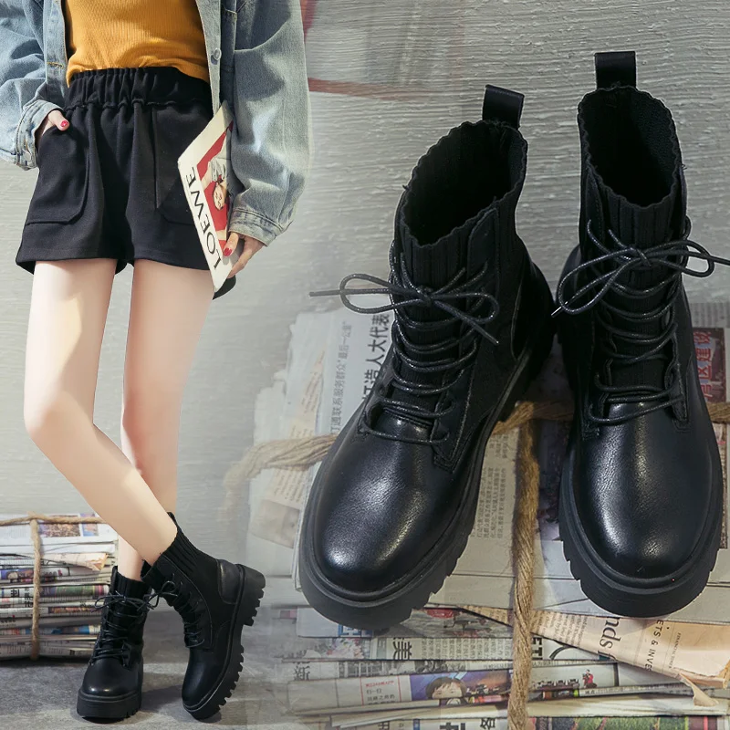 
2019 New Black Socks British Boty Boots Height Increased Women Ankle Winter Chunky Female Boots 