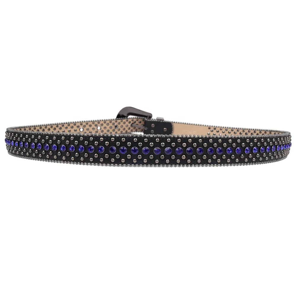 TENGMEI Retro Black Bling Bling Rhinestone Belt With Blue Diamonds And Round Rivets