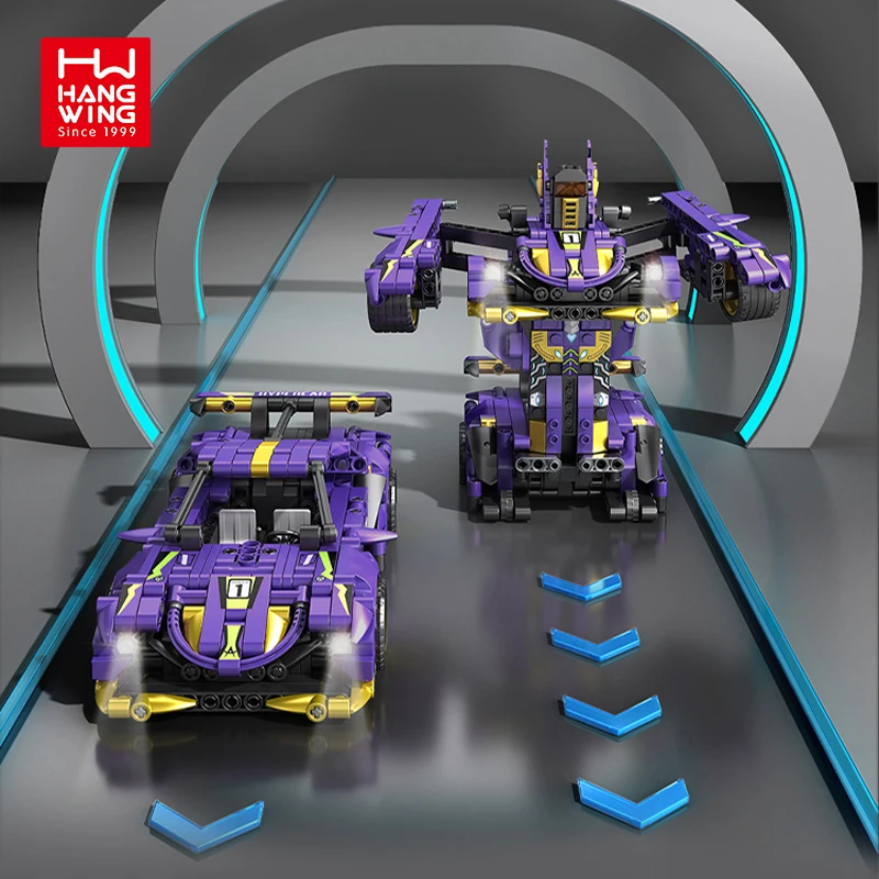 HW Toys Diy Bricks Pull Back Direct Force Straight Change Cars Transformation Robot Sports Car Building Blocks Sets For Kids