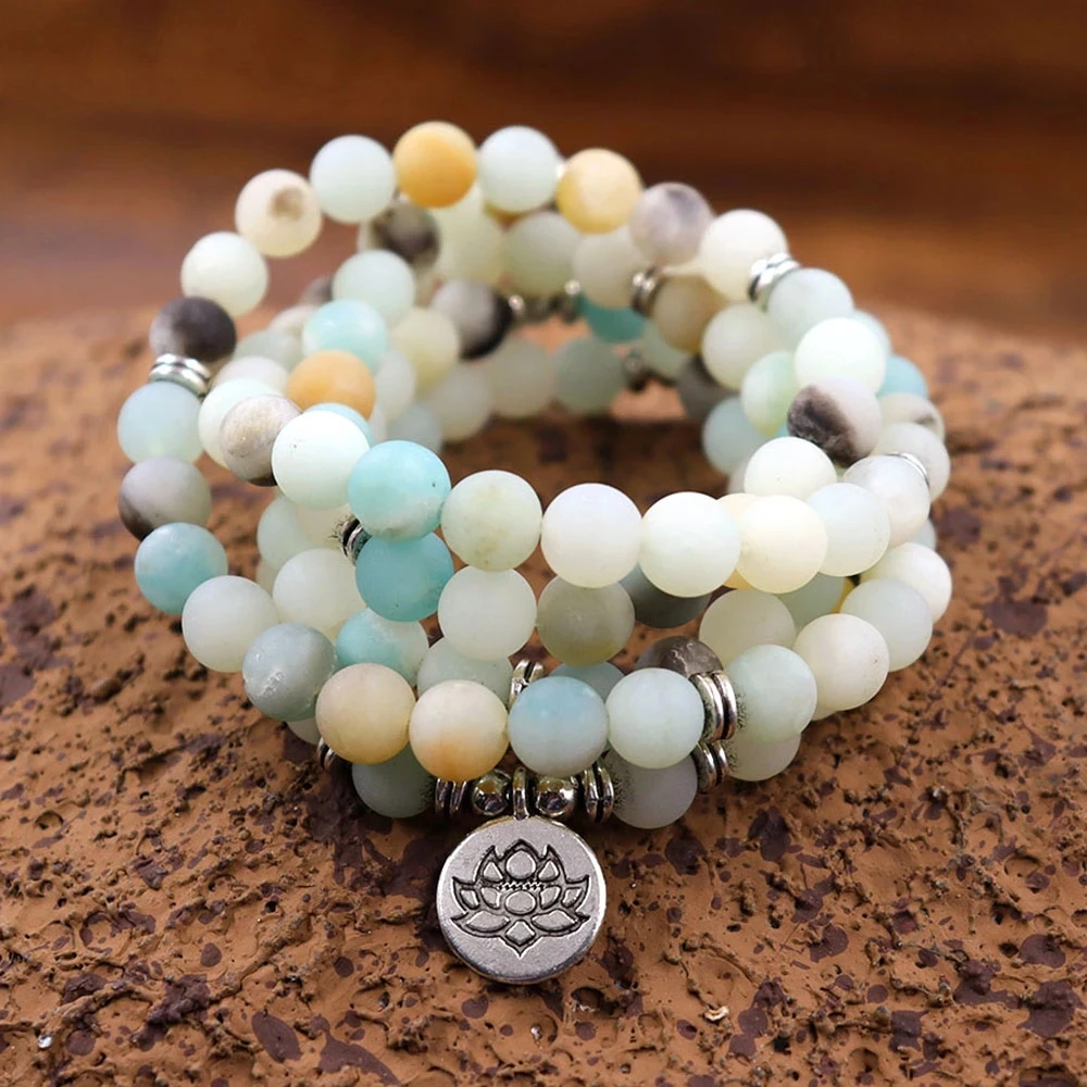 108 Mala Beads Wrap Bracelet Necklace Matte Amazonite Yoga Charm Bracelet for Women Men