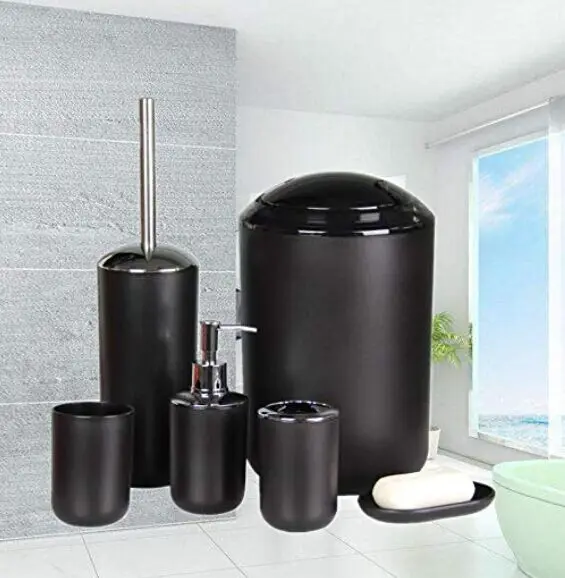  Amazon Hot sale 6 Pcs Piece BLACK Plastic Gift Black Bathroom Accessory Sets with Toothbrush Holder Cup Toilet