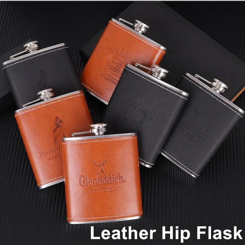 7oz Reusable Stainless Steel jagermeister Leather Liquor Whisky  Hip Flask