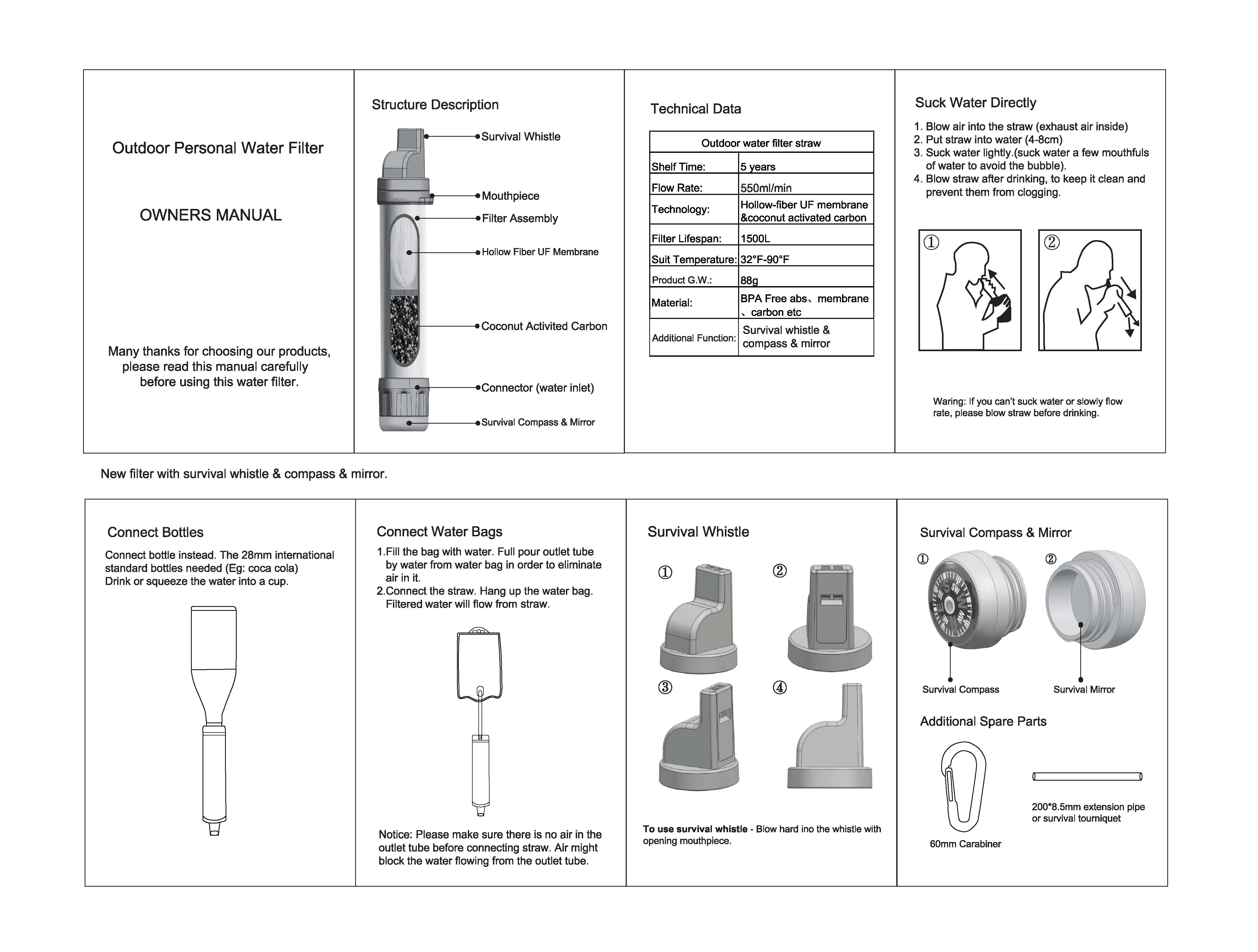 1500L Water Filter Straw Portable Water Purifier with Compass Function for Outdoor Camping Travel Hiking Support Logo