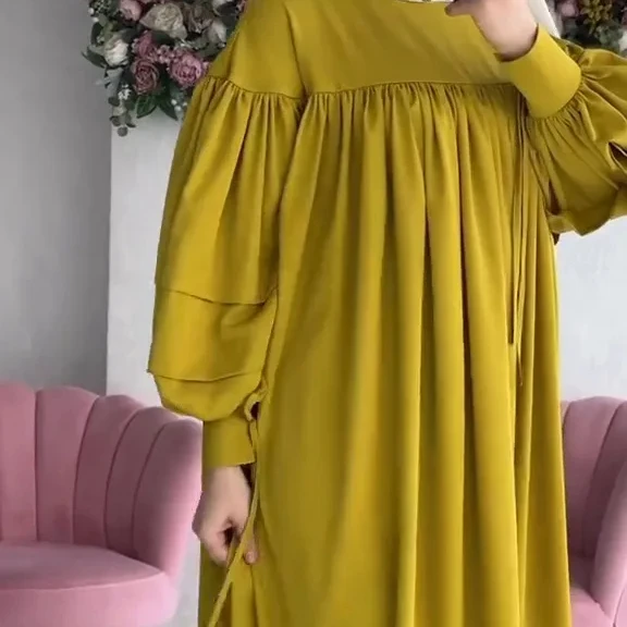 2024 Islamic Clothing Abaya Dubai Women Muslim Dress Puff Sleeve Satin Plain Abaya Traditional Muslim Clothing