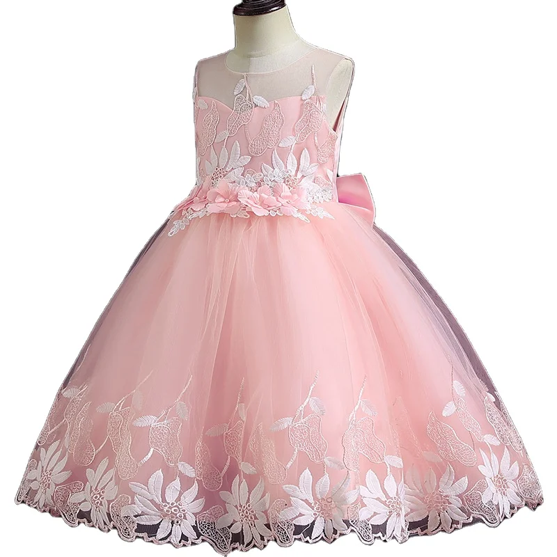 Western style tailed girl wedding dress elegant crew neck baby girls dress design kid beaded dresses for girls of 10 year old