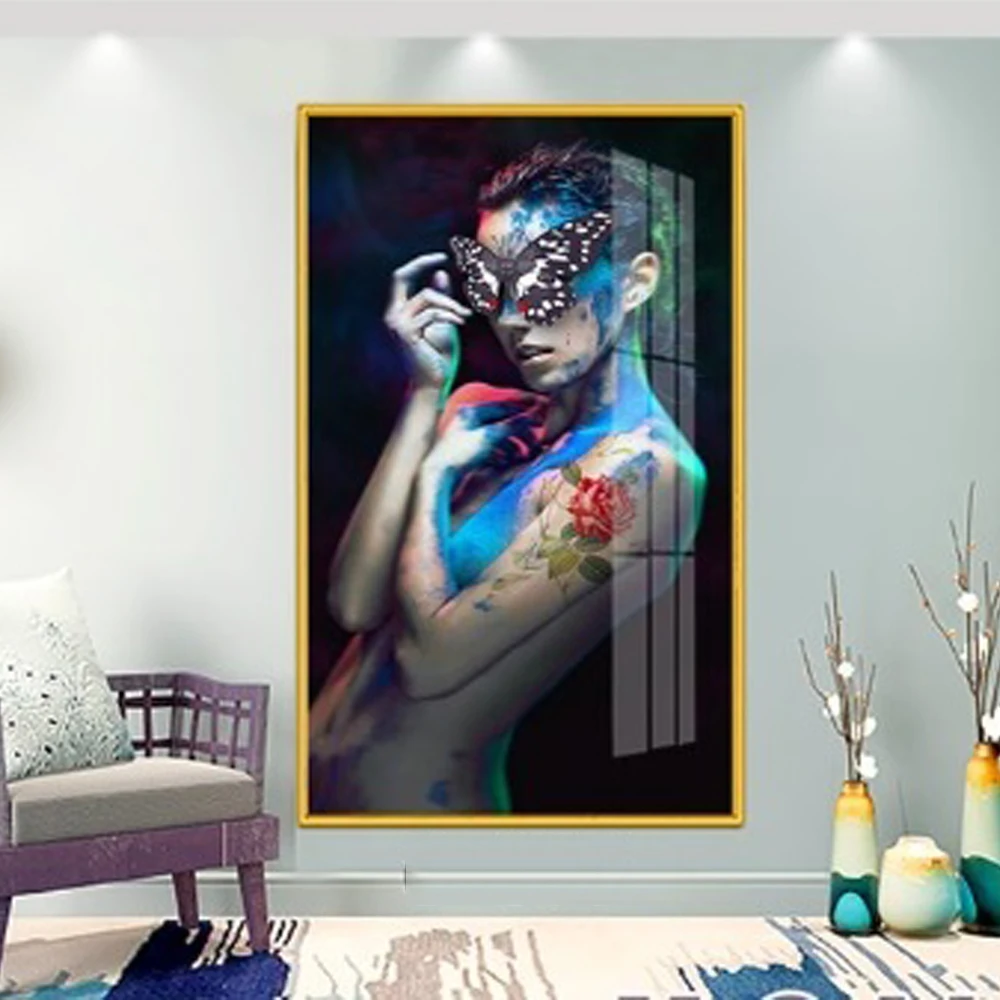 Hot selling portrait nordic beautiful black girl print 3D diamonds bath room bedroom decor Led light nude painting