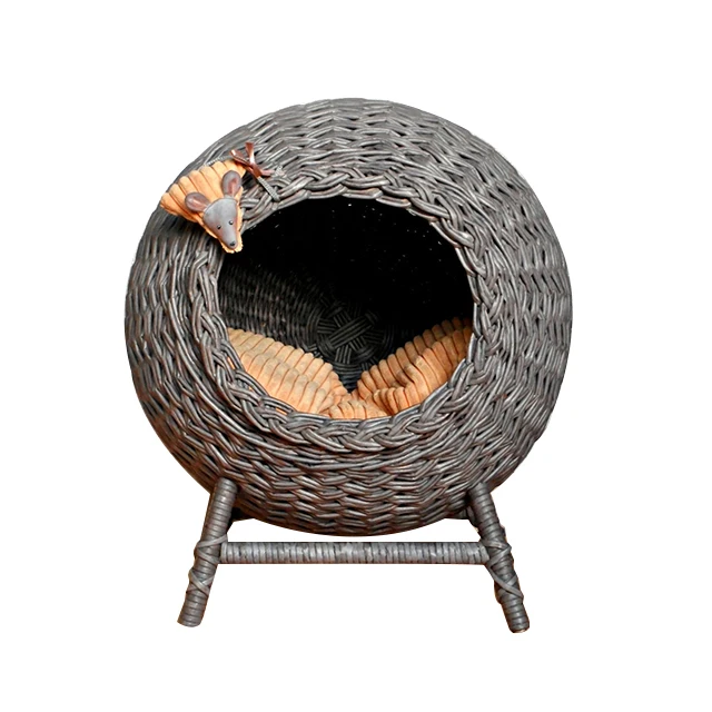 Renel Handmade Round Rattan Woven Pet Cat Cages with Standing