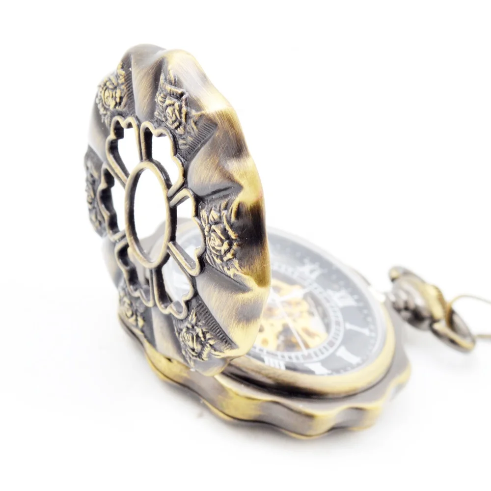 Ancient Style Flower Shape Hollowed Out Machine Pocket Watch With Thin Chain