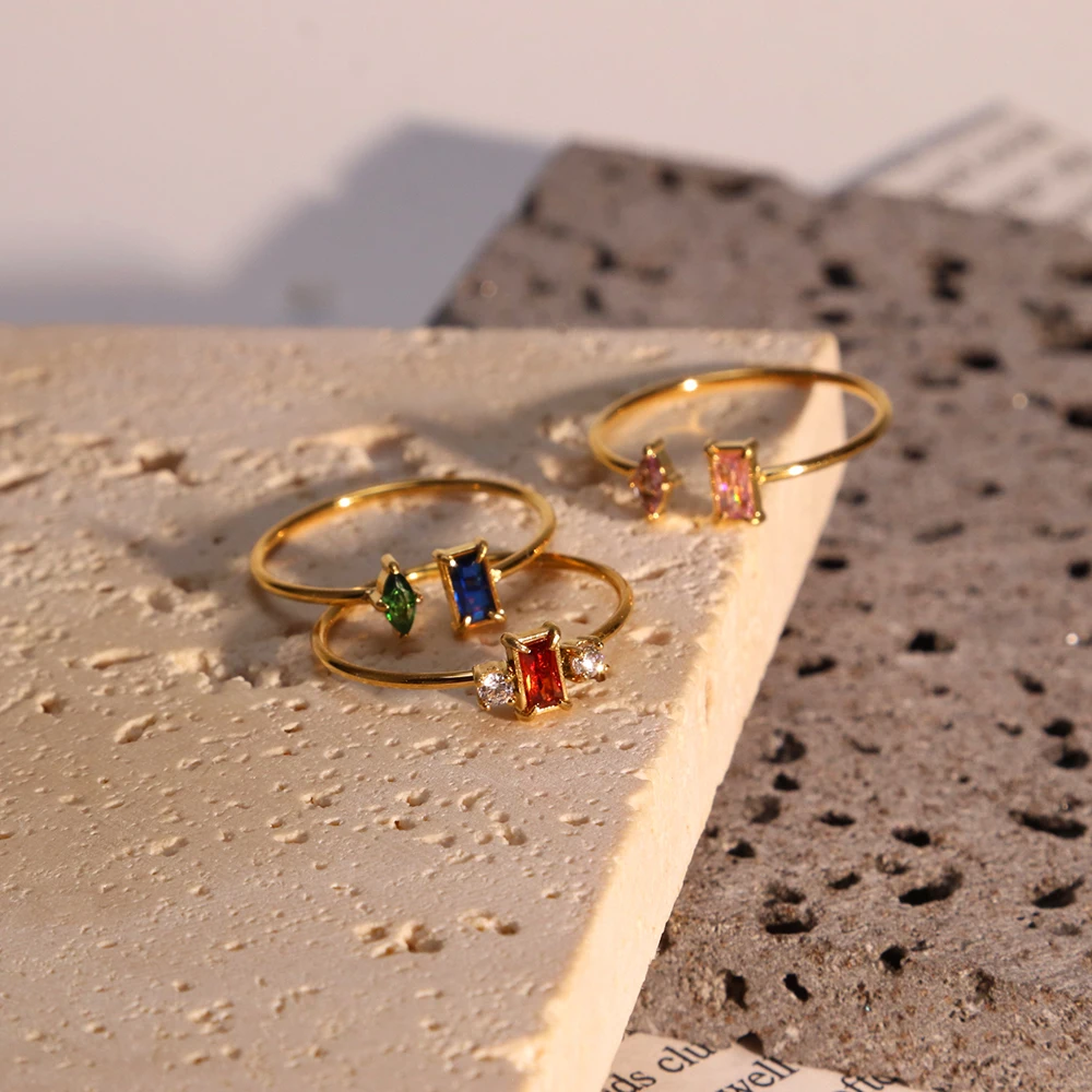 Chris April 316L stainless steel garnet zirconia signet thin spring gold ring