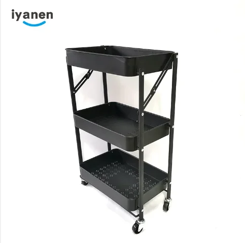 high quality 3Tier Mobile Small Storage rack foldable kitchen vegetable and fruit storage rack bathroom mesh rolling trolley