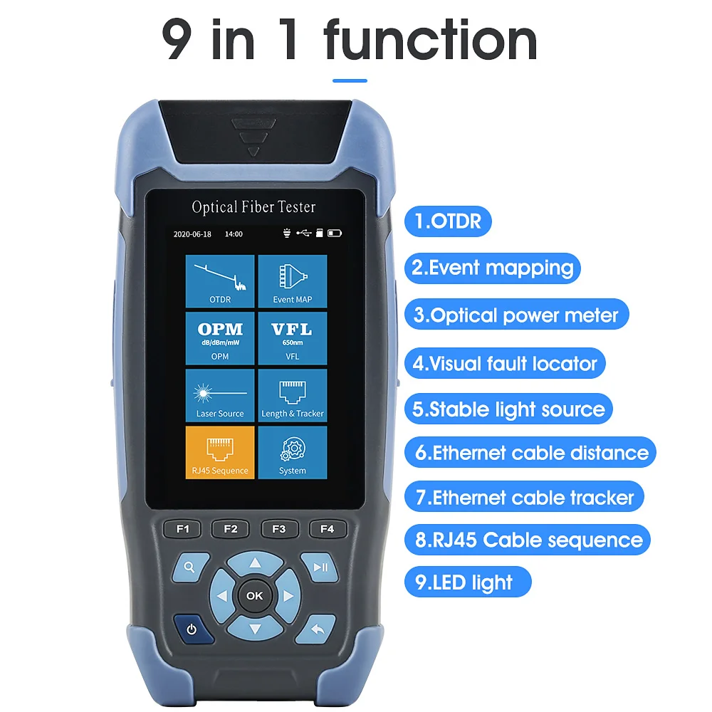 Fiber Optic OTDR Reflectometer 9-in-1 Functions VFL OLS OPM Event Map 24dB for 64km Fiber Cable