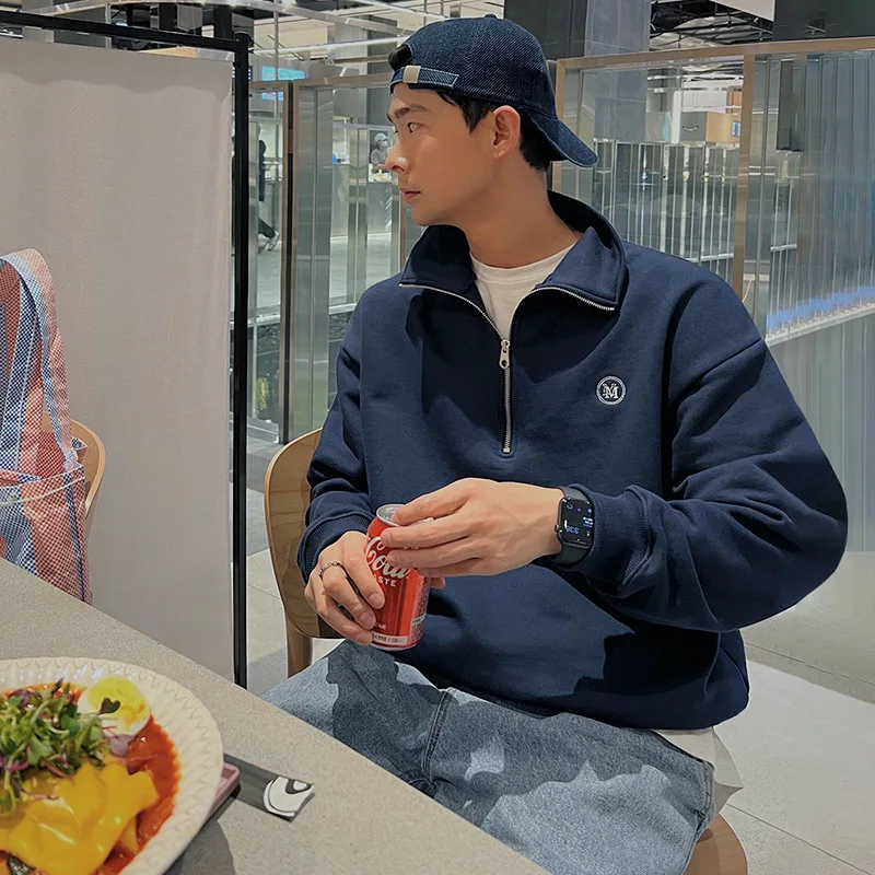 Quality Crewneck Sweatshirt  Jumper Men 100% Cotton Custom Embroidery Print half zip collar neck