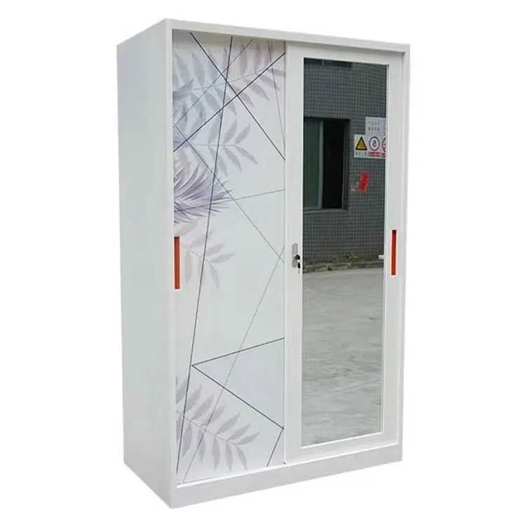LAKSHYO Wardrobe Baby Home Furniture Iron 2 Door Steel Pattern Sliding Door Metal Wardrobe Cabinets Storage For Bedroom