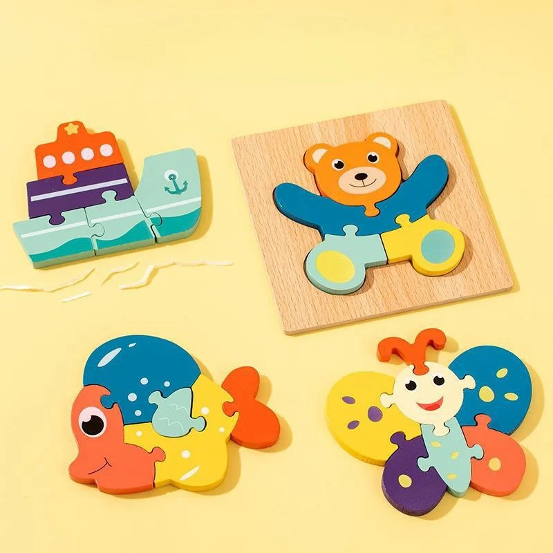 SongYi Wholesale Custom 3D Wooden  Kids Educational Cartoon Animal Jigsaw Puzzles Learning Gift Puzzle Toys