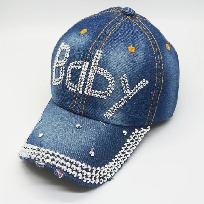 Women Distressed Denim Baseball Cap Rhinestone Jeans Bejeweled Crown Sparkle Bling Hat