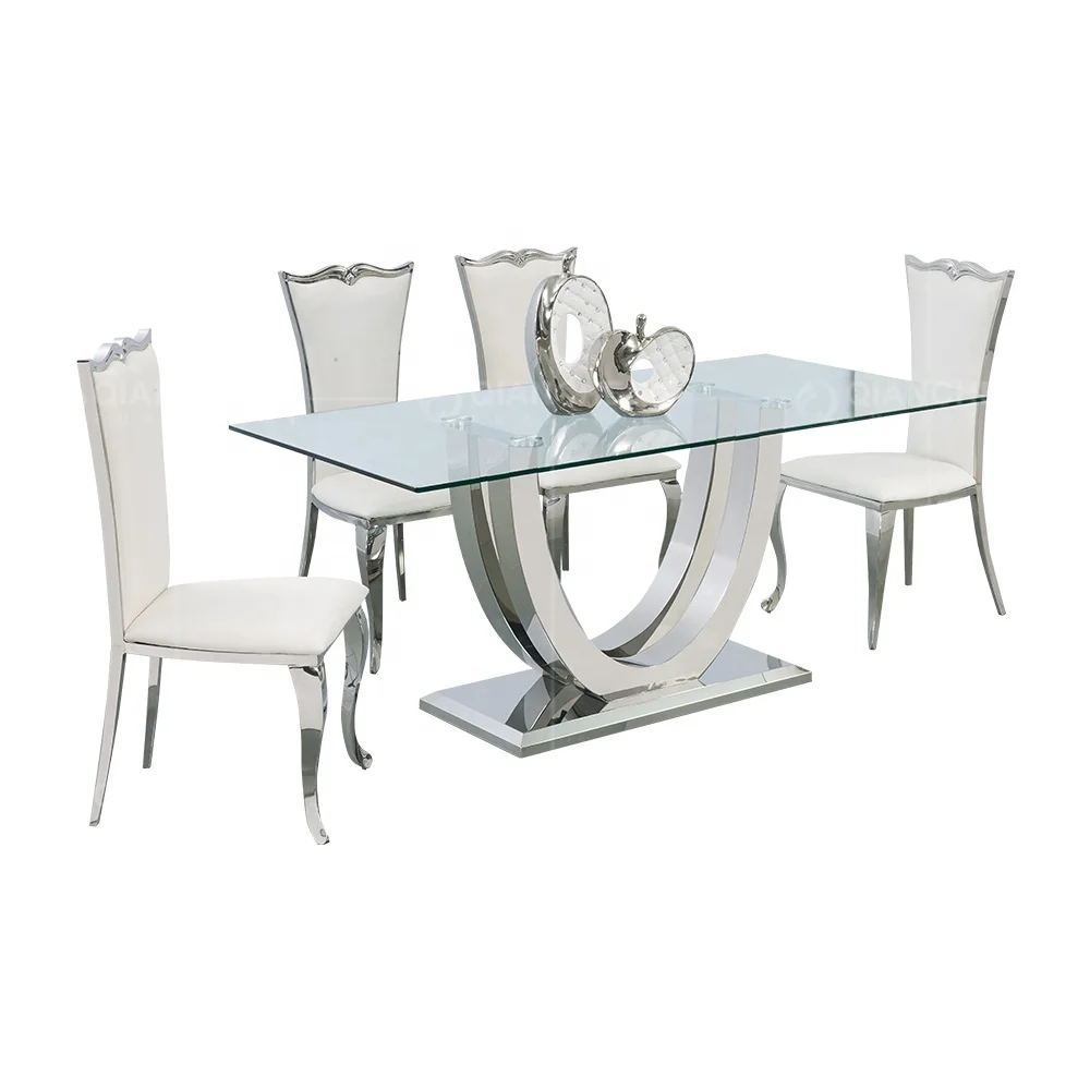 restaurant rectangle stainless steel  dining table Modern dining room furniture mirrored tempered glass dining table set