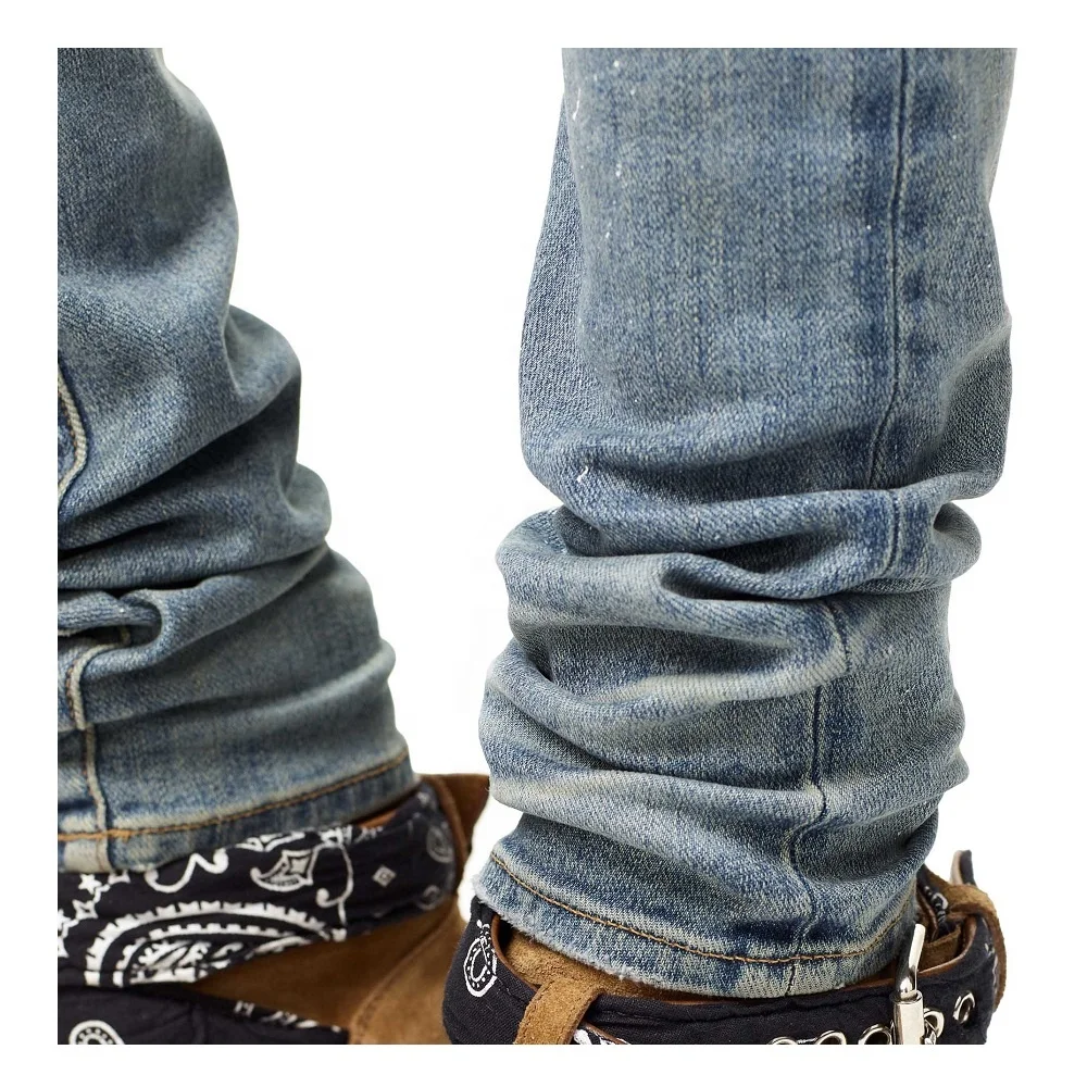 Factory customized 3D Distressed Stacks embroidered Snake Whiskers Denim Jeans For Men