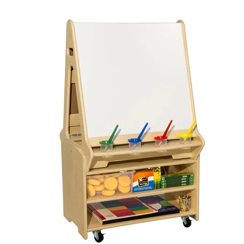 Kindergarten Wooden Easel For Children Foldable Double Magnetic Board Daycare Art Easel With Paper Roll Kids Preschool Suppliers