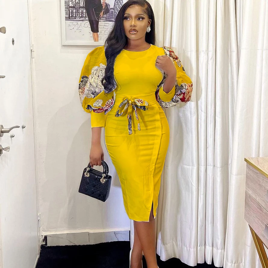 Latest Design Temperament Print Stitching O Neck Bandage Wrap Career Dress Ladies Office Dresses African Dresses