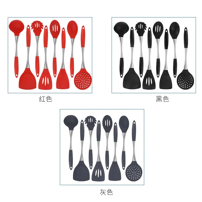 100% Eco-friendly Food Grade Cooking Tools 8pcs Kitchen Utensil Set Silicone Stainless Steel Cooking utensil Tools Kitchenware