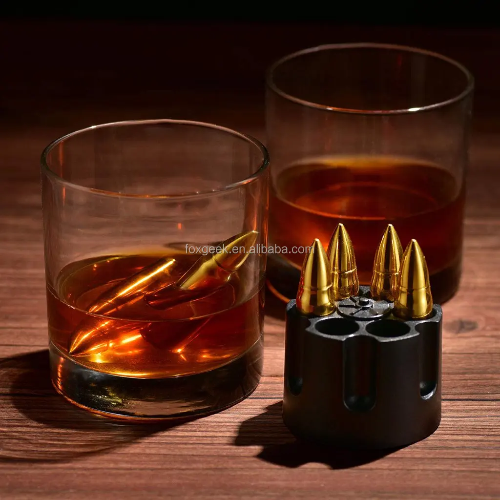 Bullet Whiskey Stones Gift Set for Men with Vintage Wooden Case Metal Stainless Steel Ice Cubes - 6 Pack  Custom Packaging