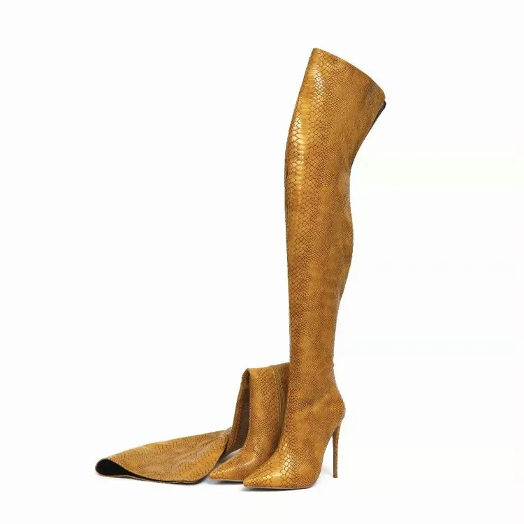 Зимние Сапоги выше колена с острым носком из змеиной кожи женские модные сапоги на высоком каблуке с боковой молнией