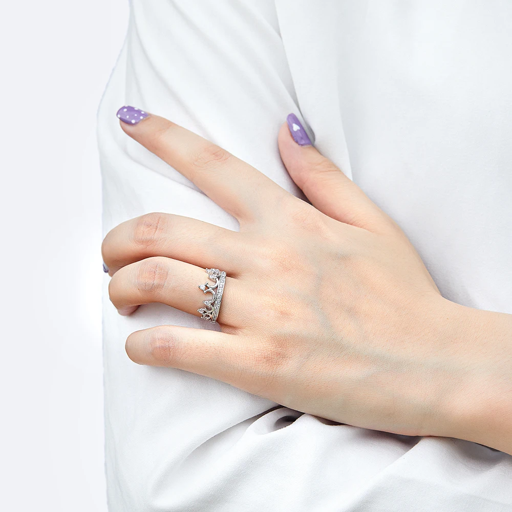 Silver Crown Ring Jewelry Women White Gold-tone Jewelry Non Fading Pure Silver Promise Rings for Women