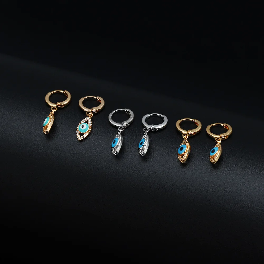 PJ-C570 Vintage Real Gold Plated Brass Drop Earrings Micro Set Zircon Blue Eye Evil Earrings