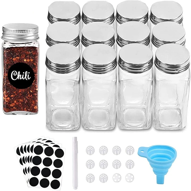 24PCS Set  4oz 120ml  Square Glass Spice Jars Salt Pepper Herb Storage Packaging Container with Shaker Aluminum Lids