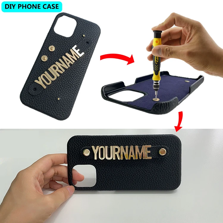 Holding Strap Metal Personalization Custom Initial Name Pebble Grain Luxury Real Leather Phone Case for iPhone 14