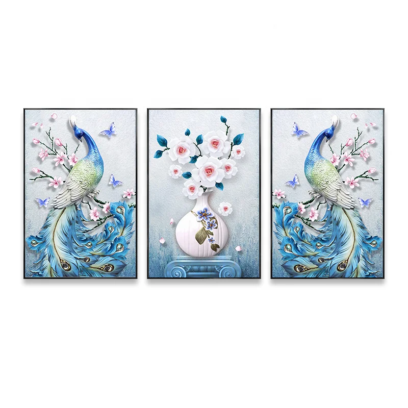 12x16 Inch Blue Peacock Yellow Tail Feather with Flowers Painting Artwork Giclee Prints Wall Decor for Living Room