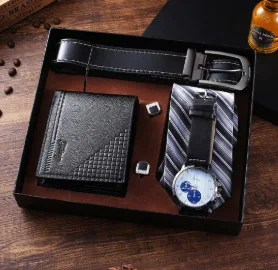 Fashion Men Bracelet Watches Vintage Black Pocket Wallet Glasses Belt Reloj 5 pieces Set Retro Man Quartz Wrist Watches Clock