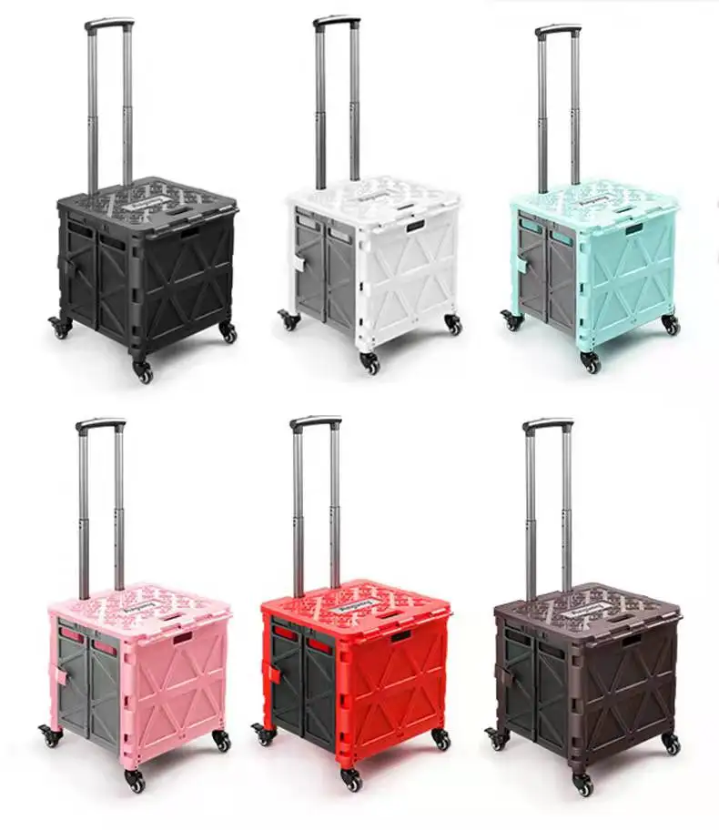 New Trendy Plastic Rolling Hand Supermarket Foldable Shopping Cart Mini Folding Shopping Trolley