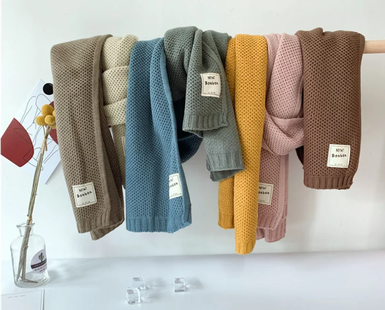 Hot Sale Fashion Scarf Cotton Knitting Wholesale Custom Winter Warm Hand Knitted Scarves for Children Plain Style Pattern