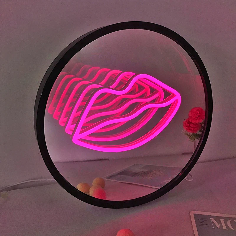 High Quality Modern Style Sexy Mouth Lips Led Neon Light Rectangular Home Indoor Table Neon 3d Infinity Mirror