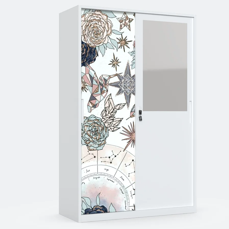 Home Cupboard for Clothes Metal Wardrobe Bedroom Steel Printed Door Clothing Storage Cabinet with Mirror and Drawer