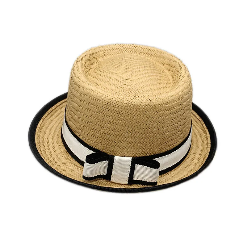 Wholesale chic women ladies paper Straw fedora jazz pork pie boater Hat beach UV protection sun hats with bowknot