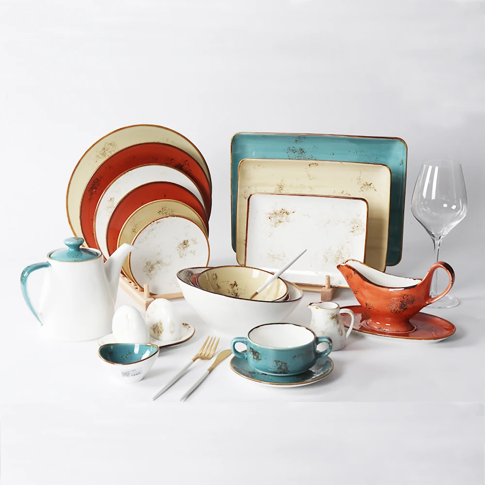 colour glaze change uneven bumpy dirty style dinning crockery porcelain plate dinnerware set for christmas dinner