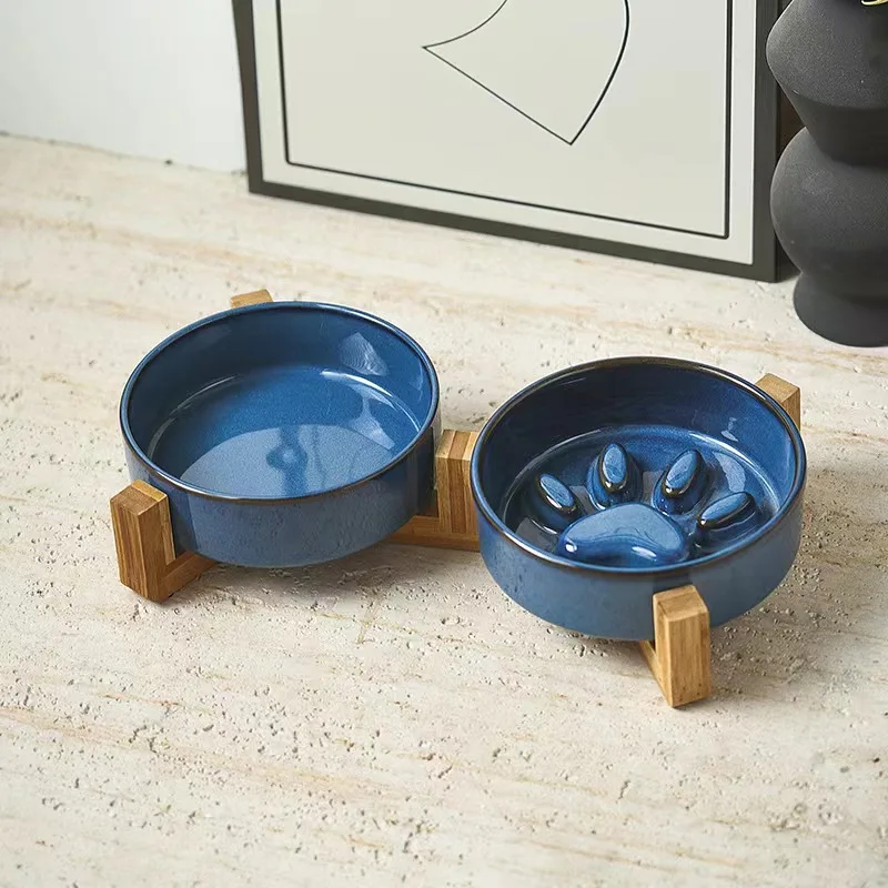 2023 Wholesale Pet Dog Bowl Ceramic Pet Slow Feeder with Wooden Frame Customizable Logo Color Packaging