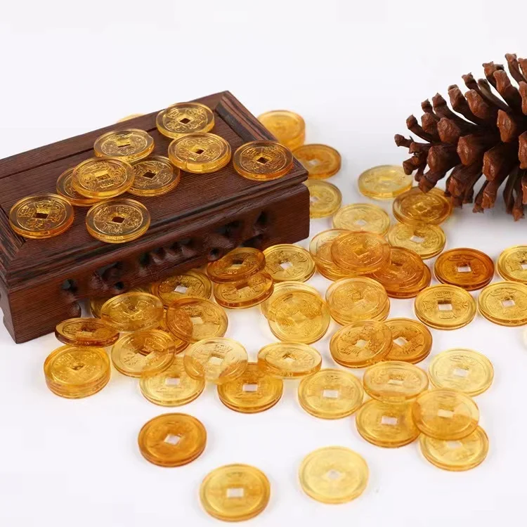 Golden Transparent K9 Crystal Ancient Qianlong Tong Bao Coin Money Chinese Feng Shui Lucky Fortune Wealth Home Decor