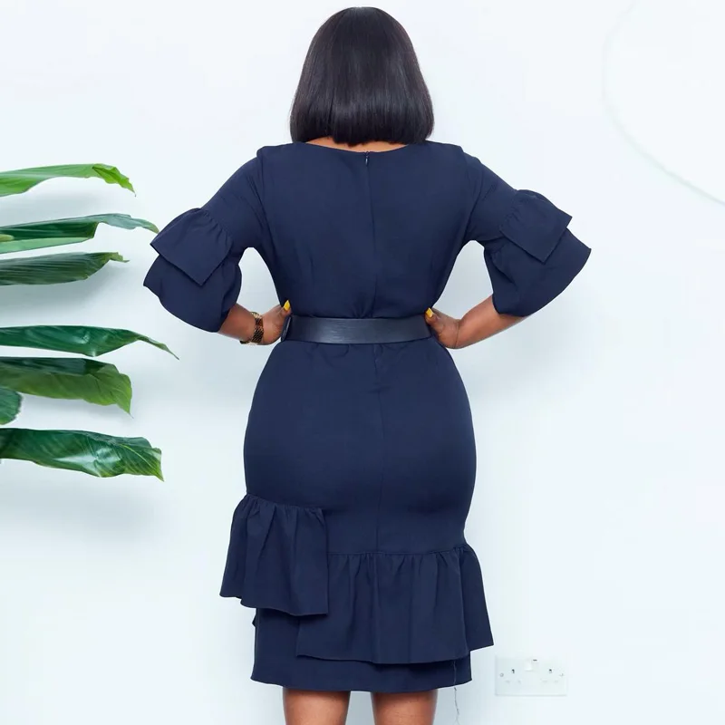 2022 Summer New African Solid Color Half Sleeve Elegant Office Dress Ladies Plus Size Pencil Career Dresses Vestidos Robes