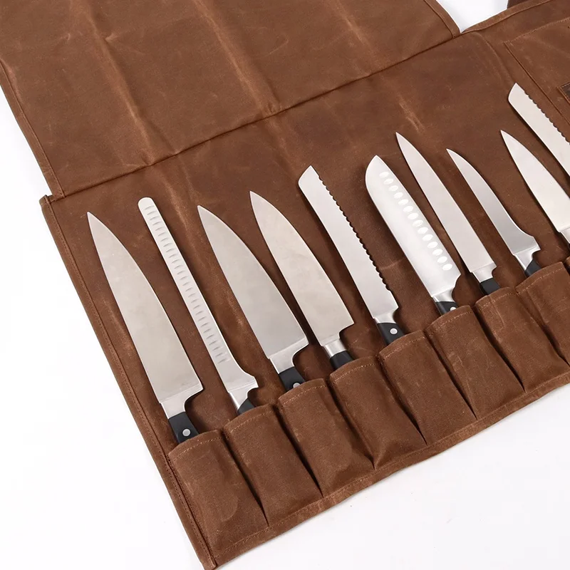 CHANGRONG Custom Heavy Duty Brown Waxed Canvas Leather Chef Knife Roll Up Bag